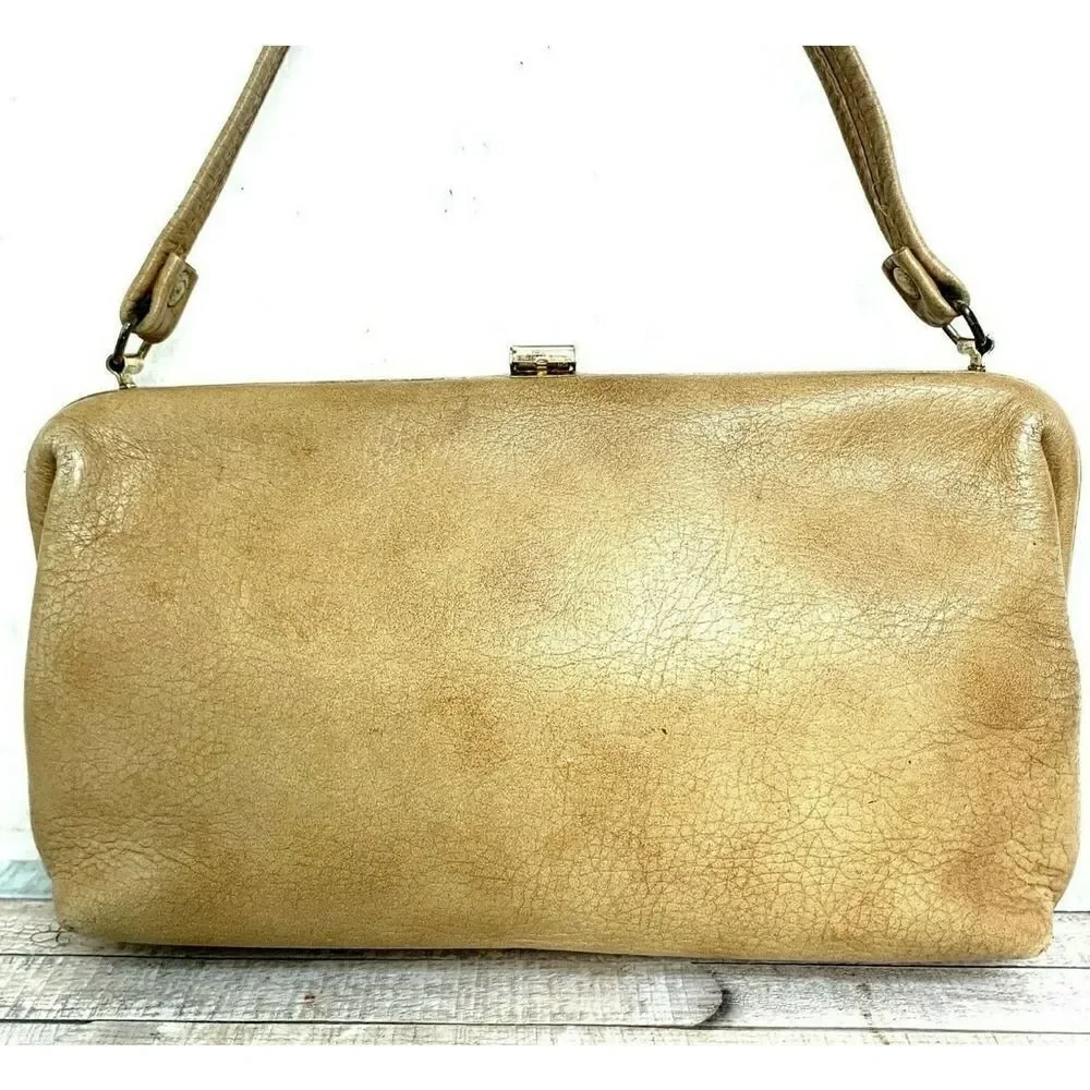 TRUE VINTAGE PEBBLED BEIGE GENUINE LEATHER FRAMED POCKETBOOK BAG HANDBAG PURSE